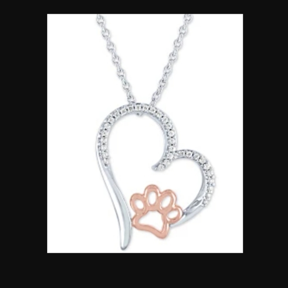 Sterling Silver Necklace Diamond Encrusted Heart & 14k Rose Gold Paw Pendant NWT - Picture 14 of 16